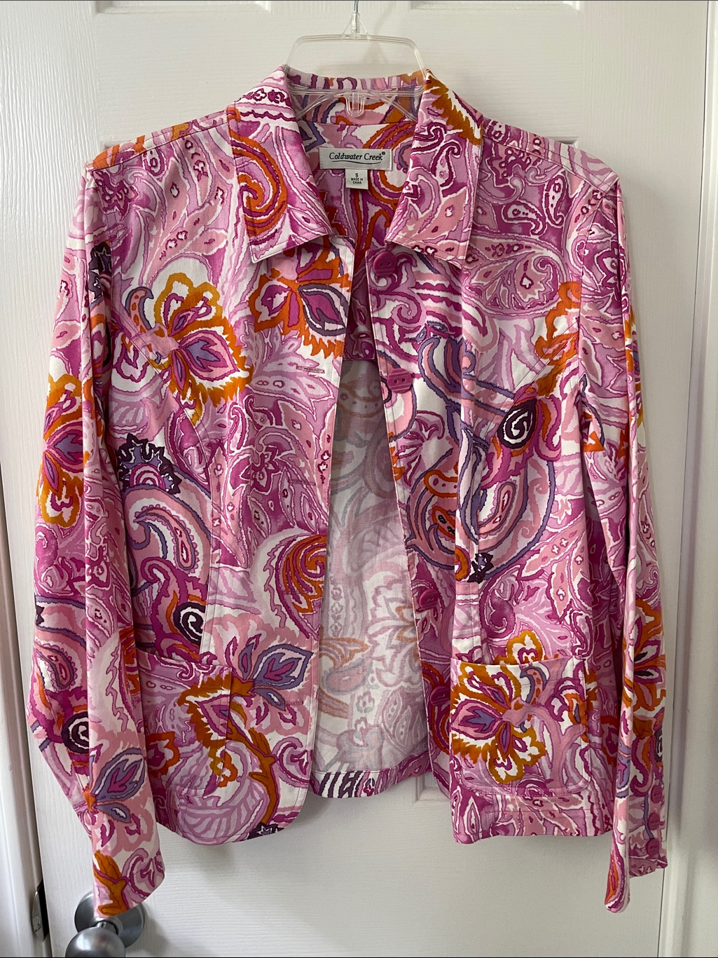 Coldwater Creek Pink Paisley Print Button-Up Jacket With Orange Accents